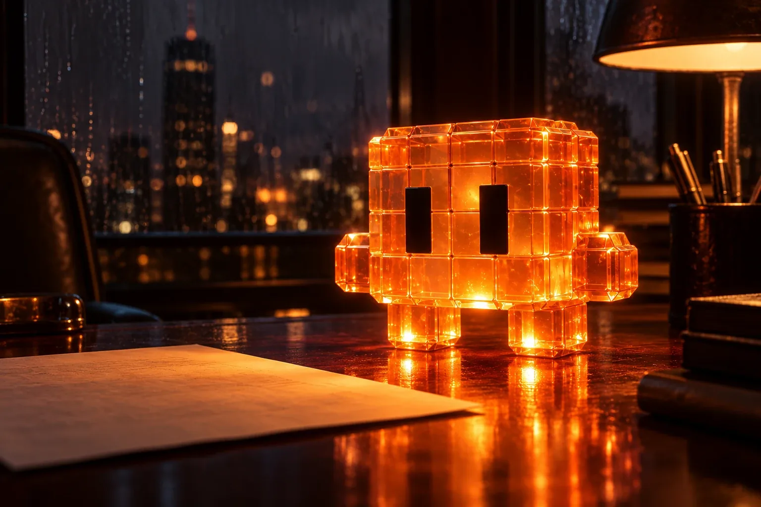 An agent on a dark desk late at night, glowing over a contract nobody else wanted to read, rain on the window behind it.